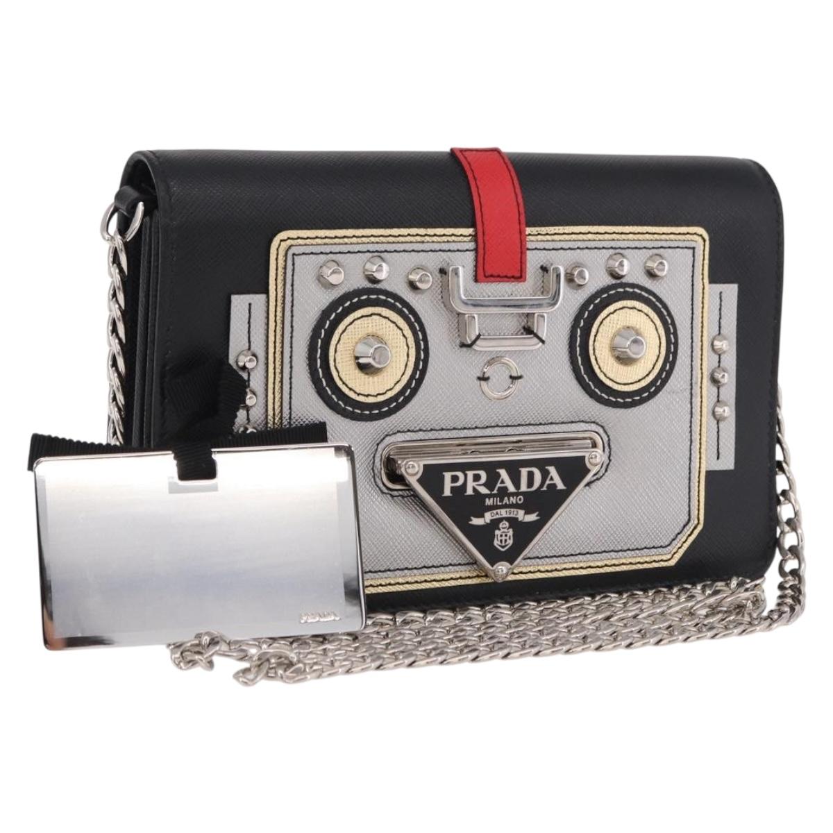 PRADA Robot Chain Shoulder Bag Saffiano Black Silver Auth SW2638SM