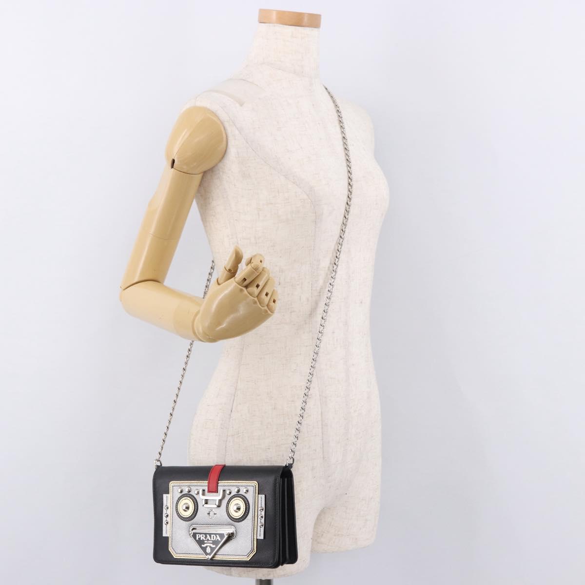 PRADA Robot Chain Shoulder Bag Saffiano Black Silver Auth SW2638SM