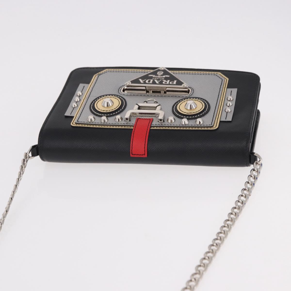 PRADA Robot Chain Shoulder Bag Saffiano Black Silver Auth SW2638SM