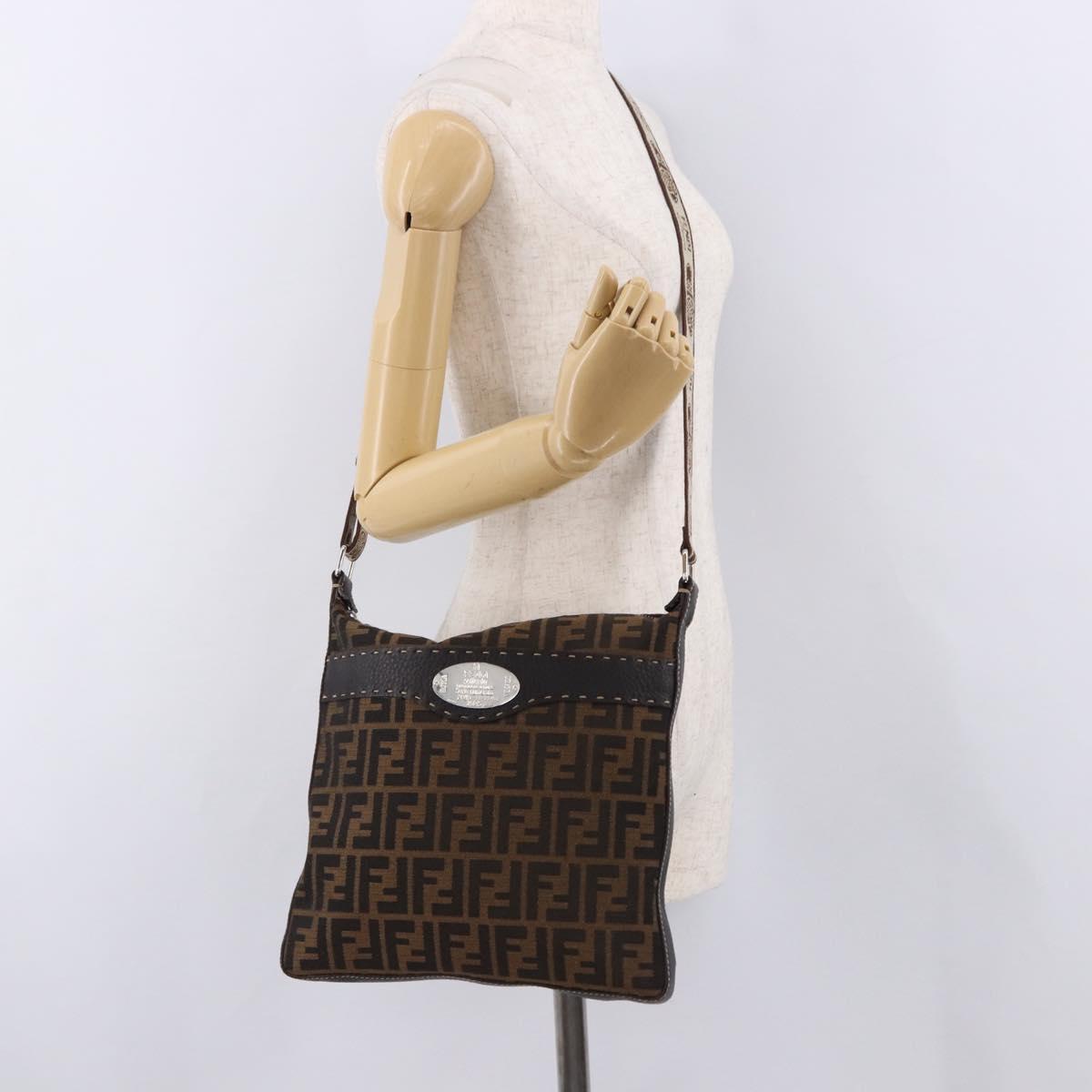 FENDI Zucca Canvas Celesia Shoulder Bag Brown Silver 8BT109 Auth SW2643V