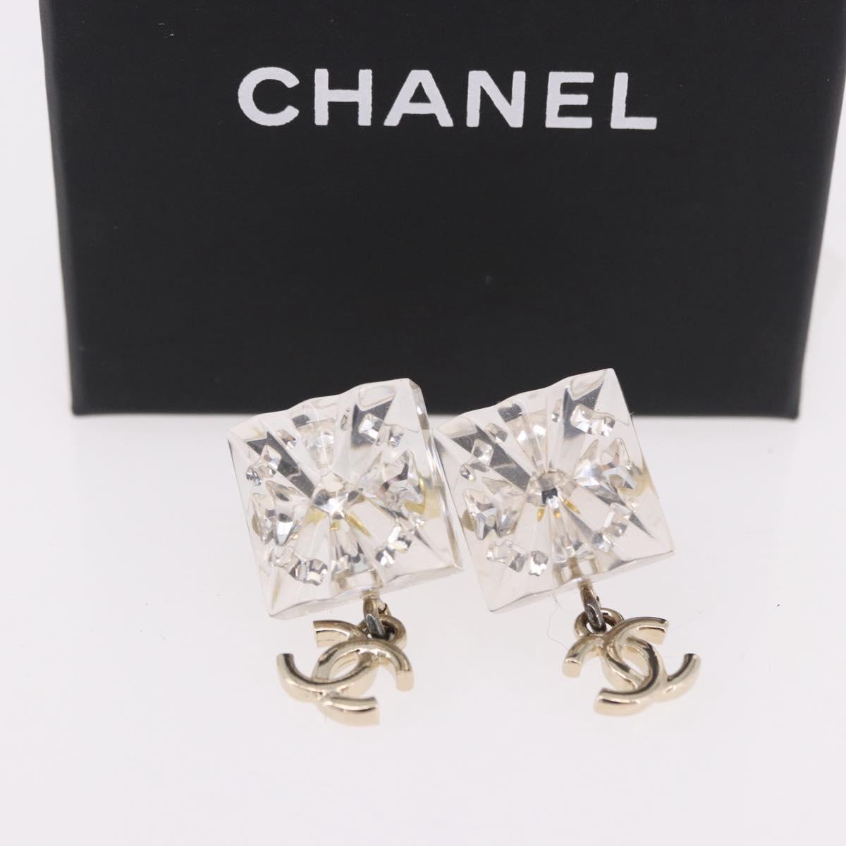 CHANEL Crystal COCO Mark Earring Metal Clear Silver CC Auth SW2655SAM
