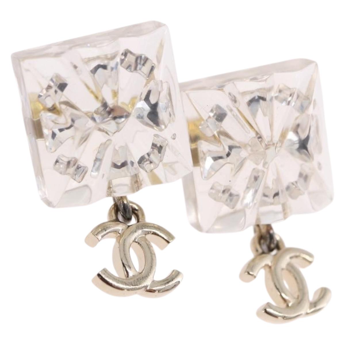 CHANEL Crystal COCO Mark Earring Metal Clear Silver CC Auth SW2655SAM