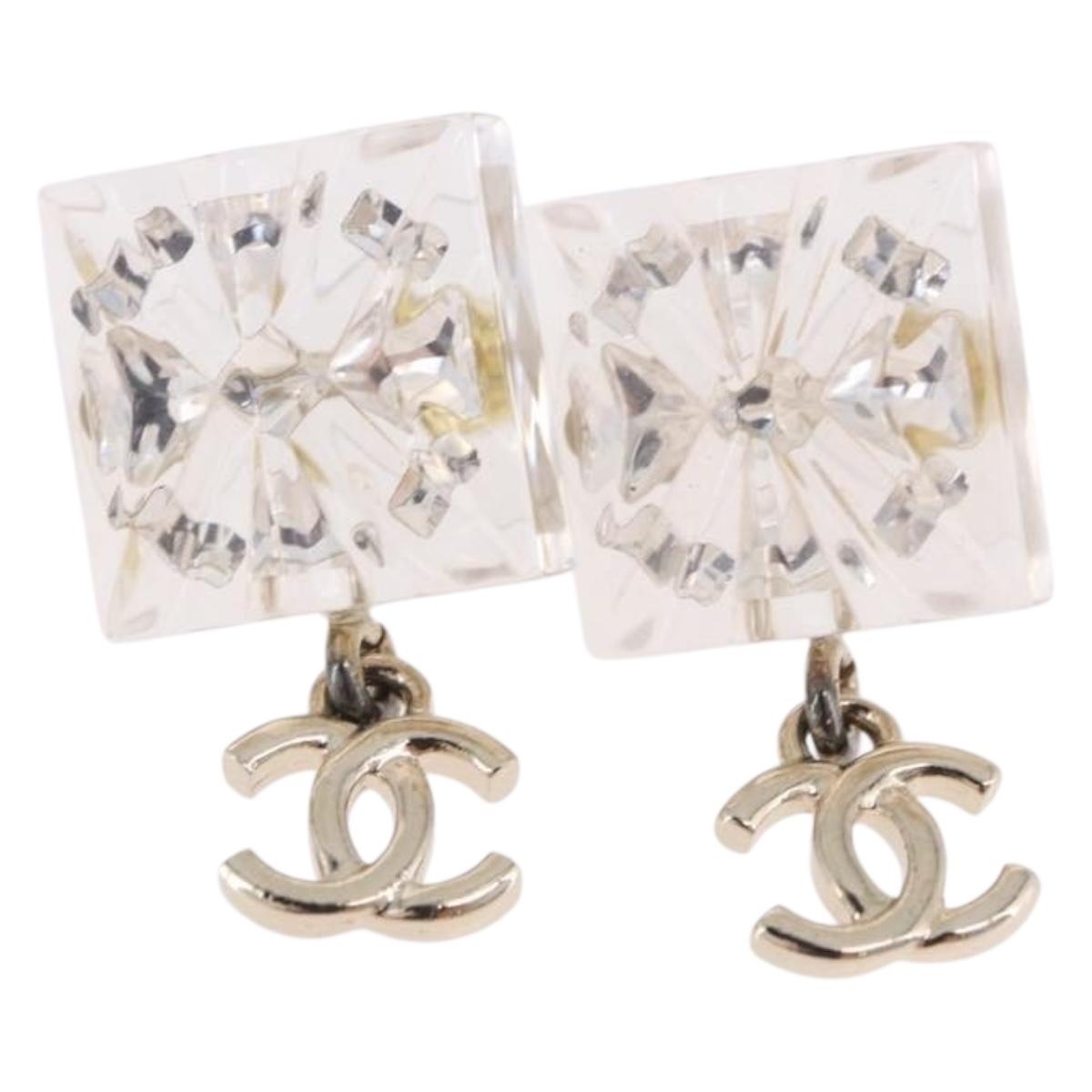 CHANEL Crystal COCO Mark Earring Metal Clear Silver CC Auth SW2655SAM