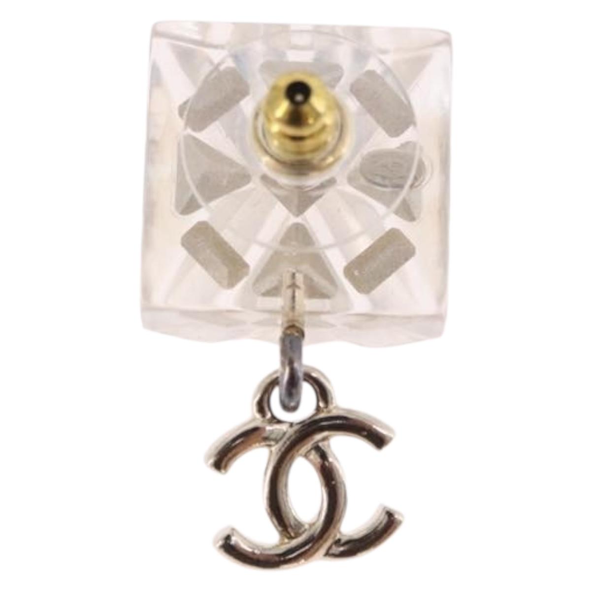 CHANEL Crystal COCO Mark Earring Metal Clear Silver CC Auth SW2655SAM