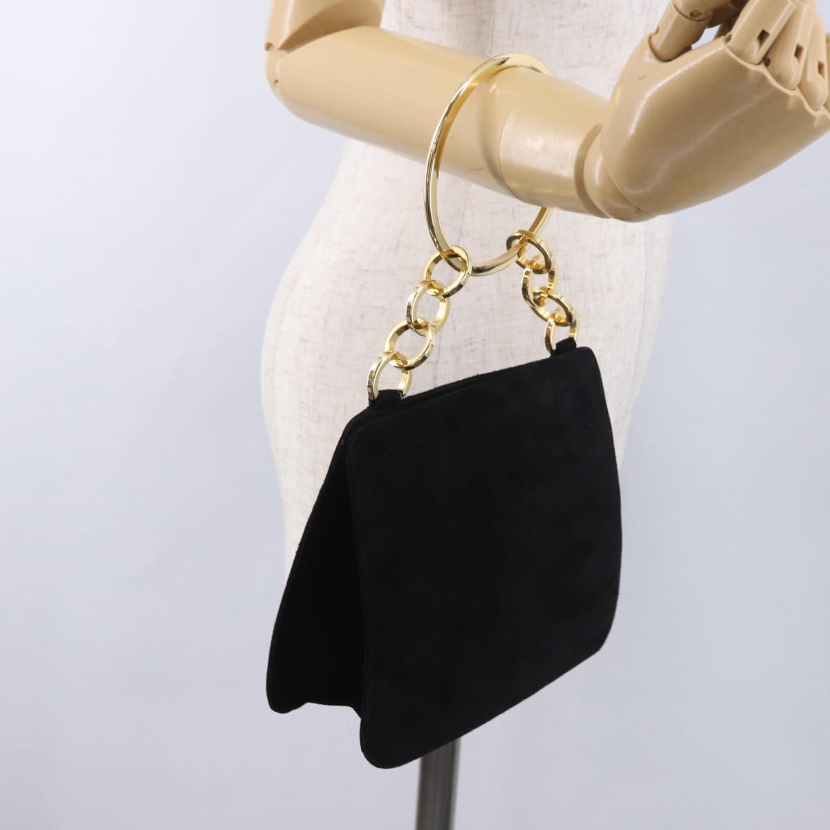 Salvatore Ferragamo Hand Bag Suede Black Gold Tone Auth SW2667V