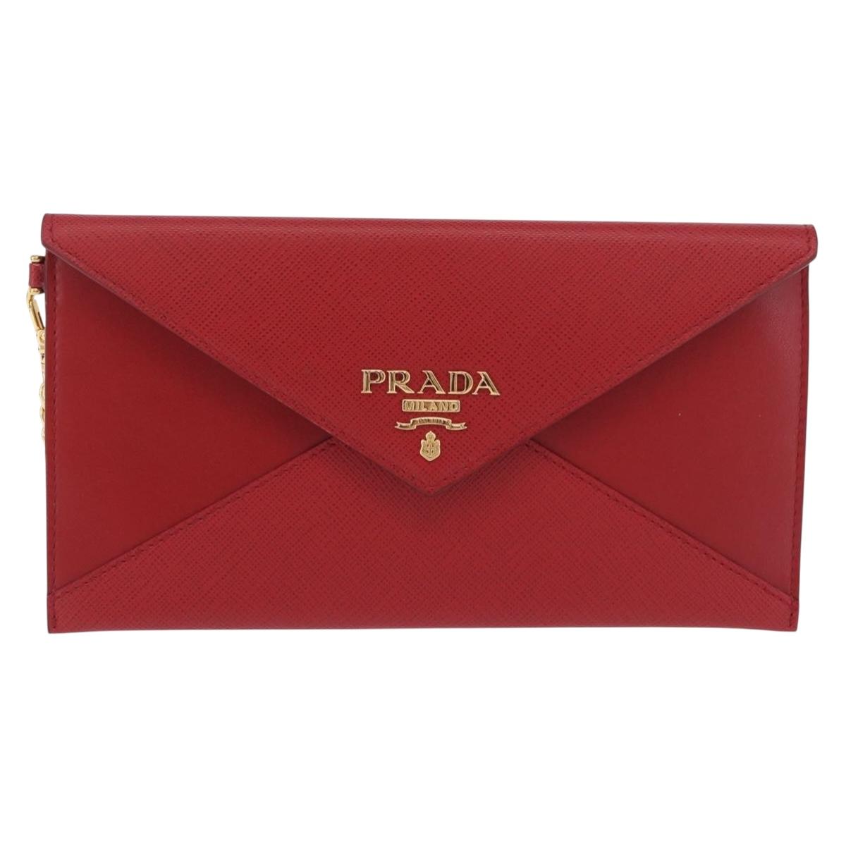 PRADA Chain Wallet Pouch Safifano Red Gold Tone Auth SW2674V