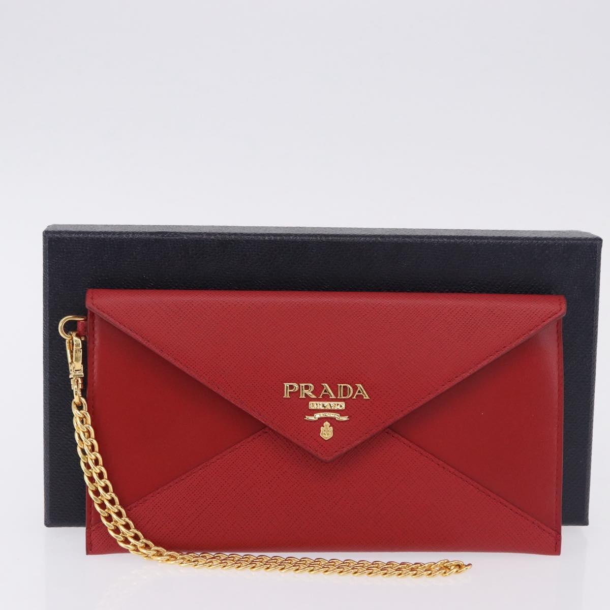 PRADA Chain Wallet Pouch Safifano Red Gold Tone Auth SW2674V
