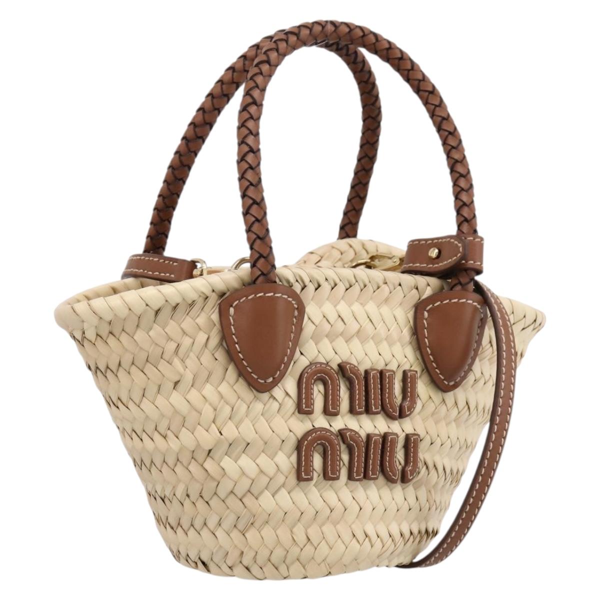 Miu Miu Woven Fabric Hand Bag Raffia 2way Beige Gold Auth SW2677SAM