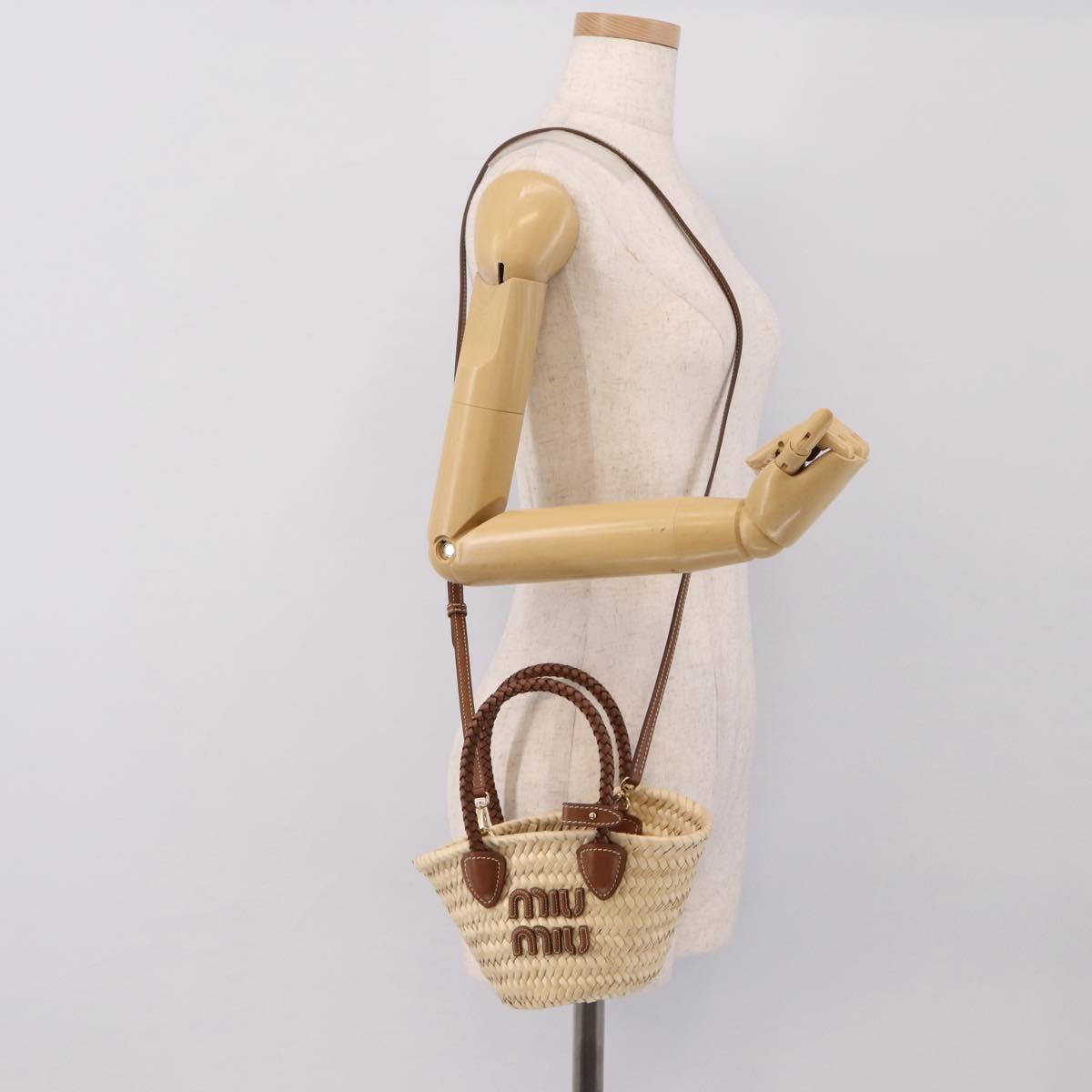 Miu Miu Woven Fabric Hand Bag Raffia 2way Beige Gold Auth SW2677SAM