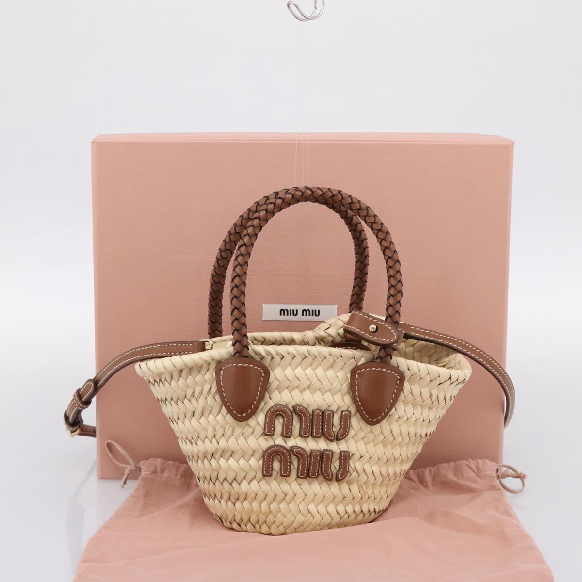 Miu Miu Woven Fabric Hand Bag Raffia 2way Beige Gold Auth SW2677SAM