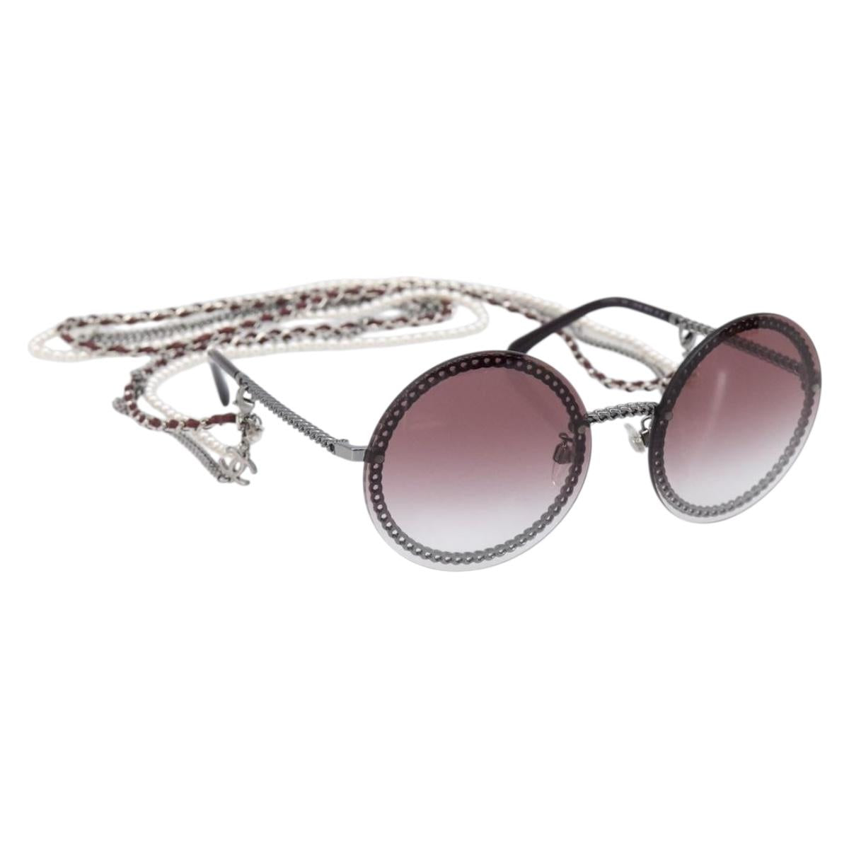 CHANEL COCO Mark Pearl Triple Chain Gradient Sunglasses plastic Wine Red Silver CC Auth SW2690M