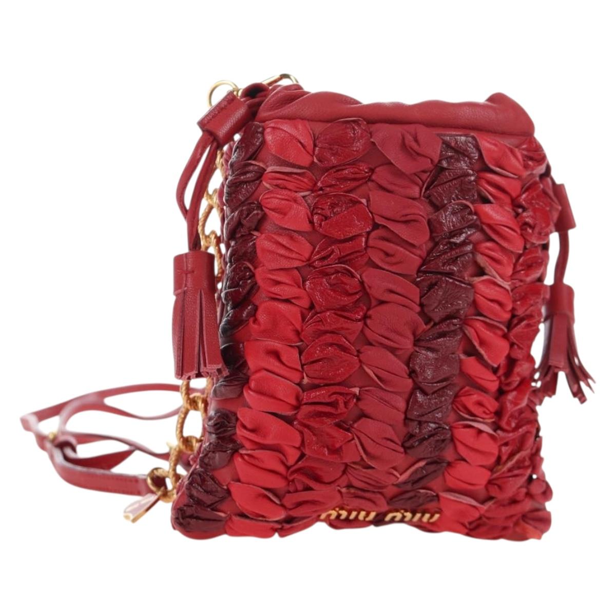 Miu Miu Matelasse Shoulder Pouch Leather Red Gold Tone Auth SW2692M