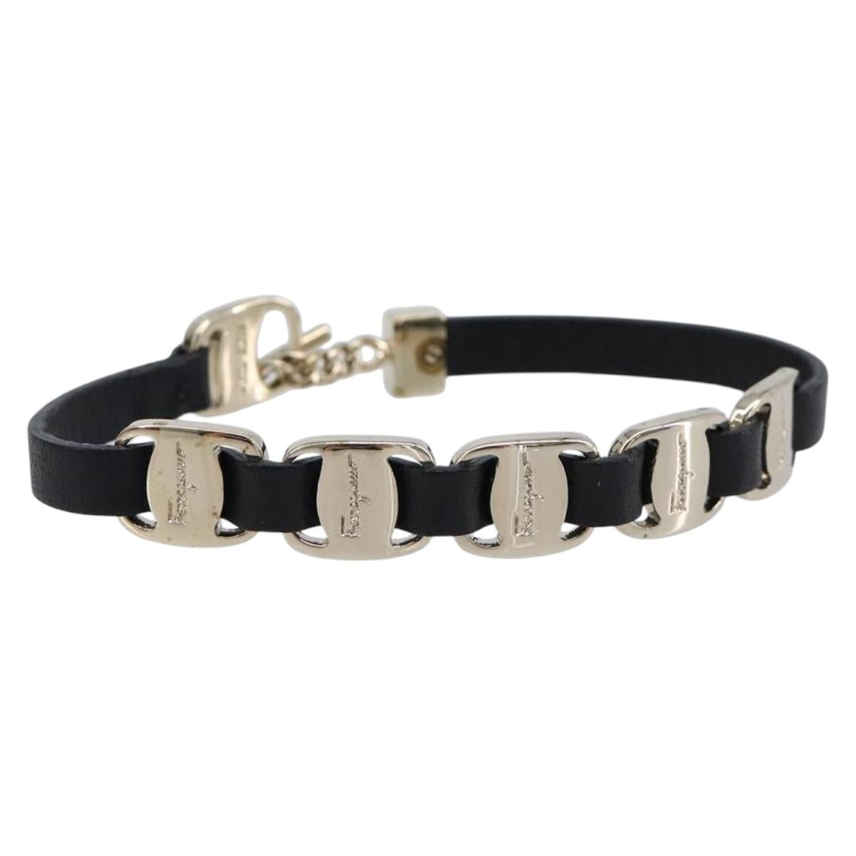Salvatore Ferragamo Vala Bracelet Leather Black Gold Auth SW2868