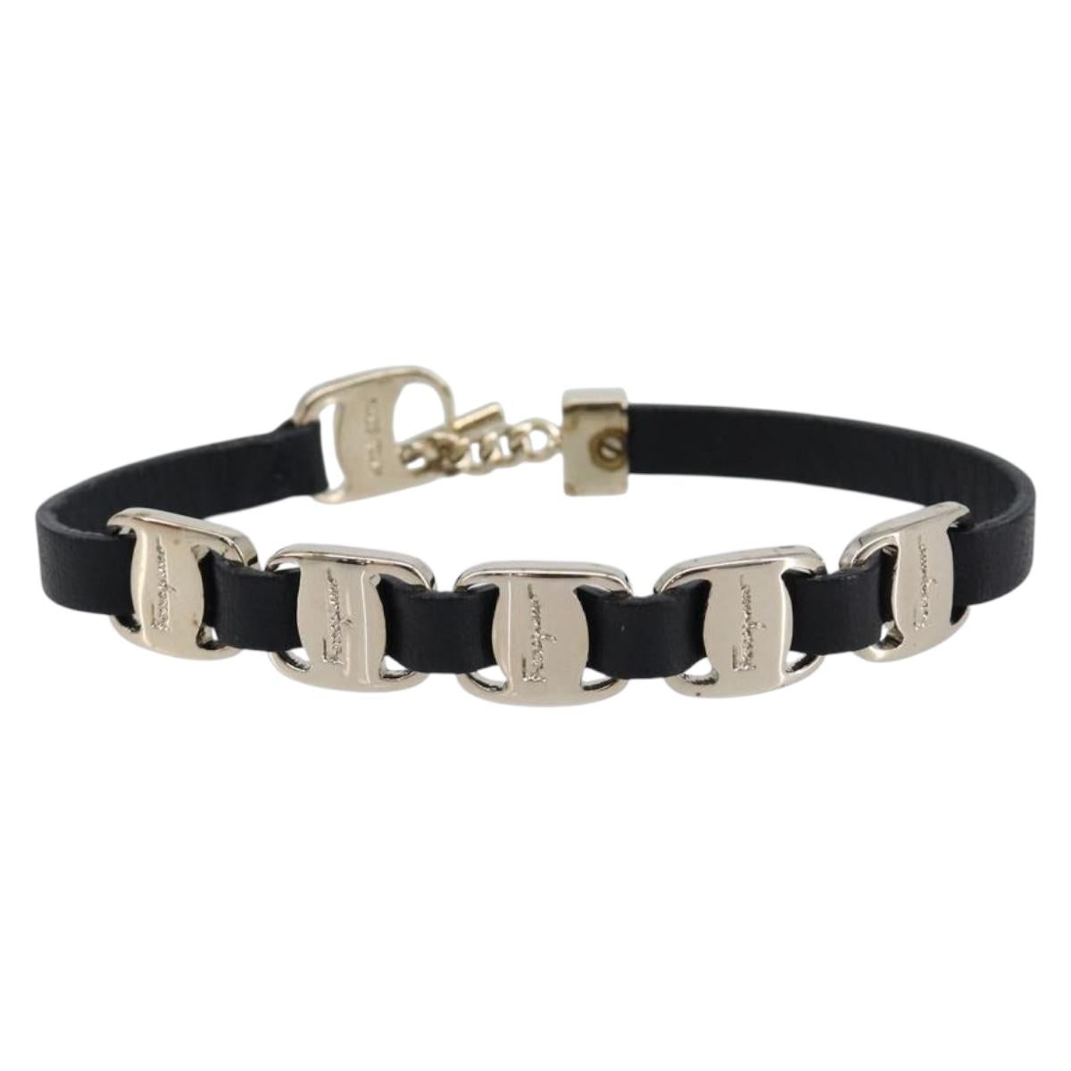 Salvatore Ferragamo Vala Bracelet Leather Black Gold Auth SW2868