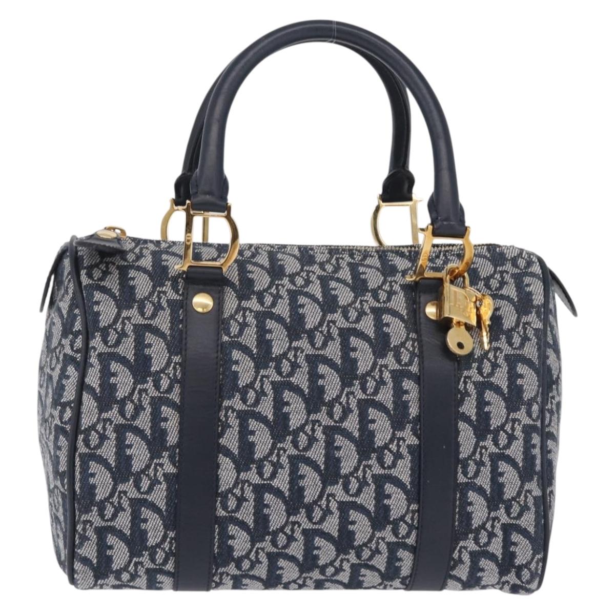 Christian Dior Trotter Canvas Hand Bag Navy Gold Tone Auth SW2879V