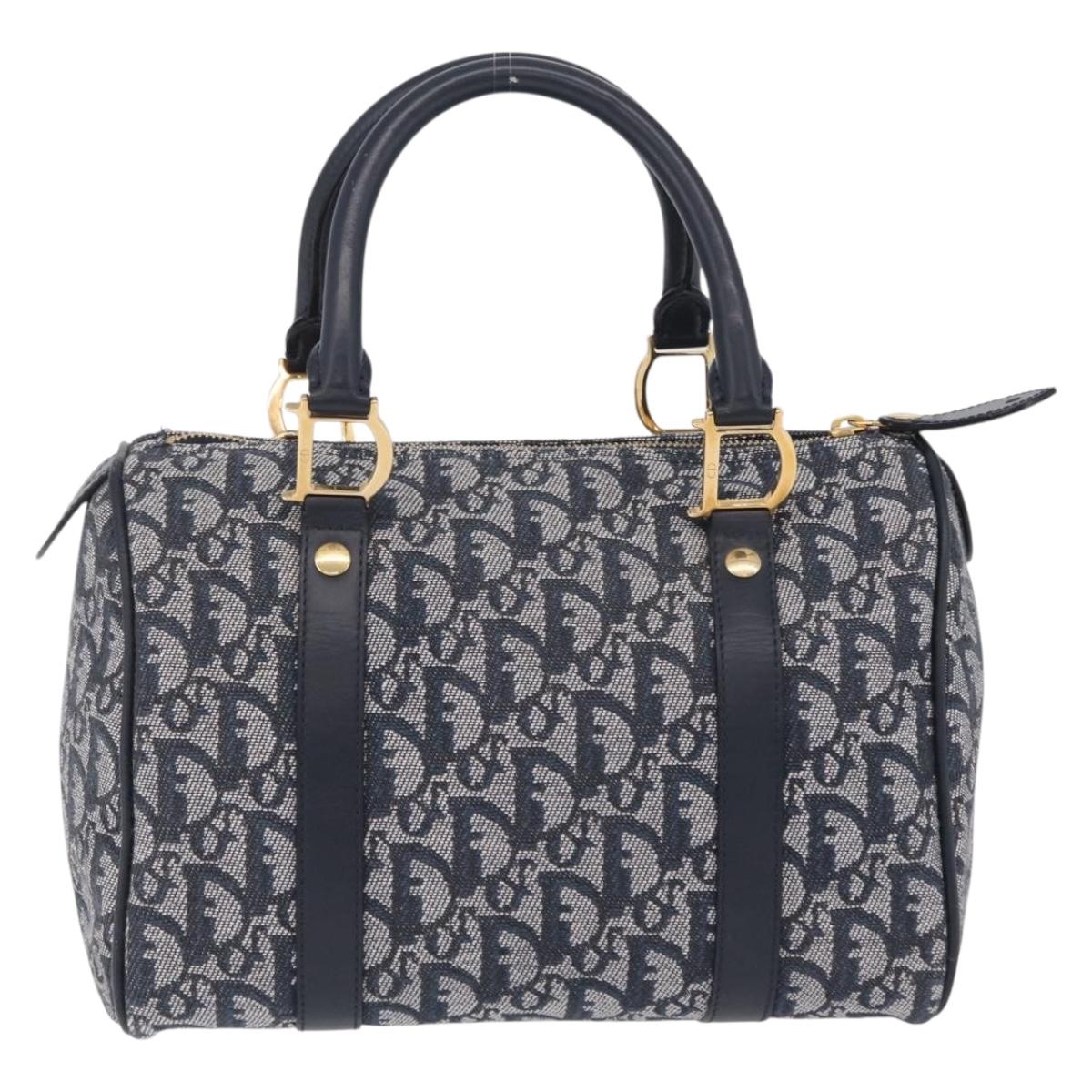 Christian Dior Trotter Canvas Hand Bag Navy Gold Tone Auth SW2879V