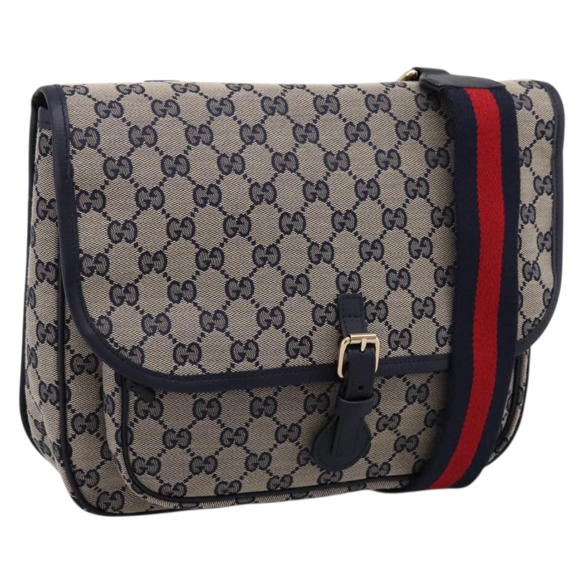 GUCCI GG Canvas Shoulder Bag Navy Gold Tone 798823 Auth SW2881V
