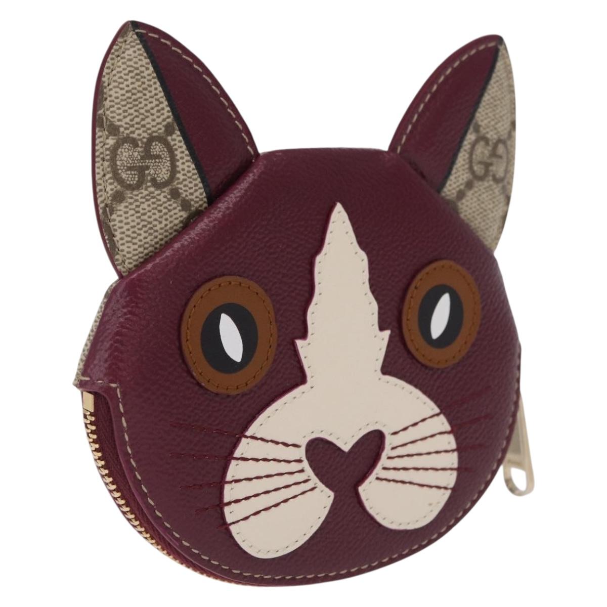 GUCCI GG Supreme Cat Coin Purse PVC Beige Bordeaux Auth SW2883M