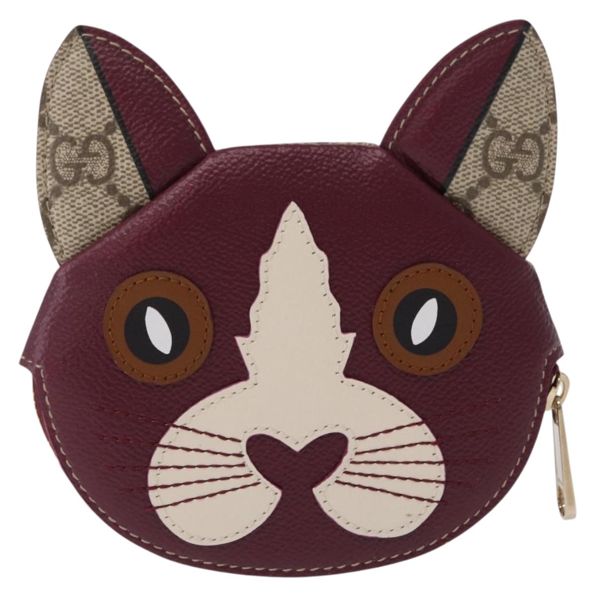 GUCCI GG Supreme Cat Coin Purse PVC Beige Bordeaux Auth SW2883M