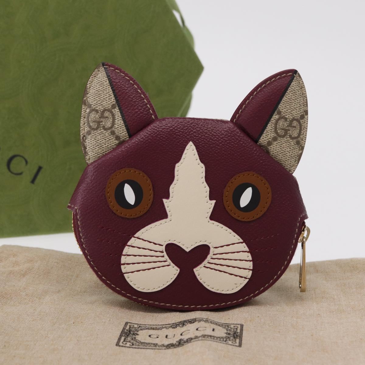 GUCCI GG Supreme Cat Coin Purse PVC Beige Bordeaux Auth SW2883M