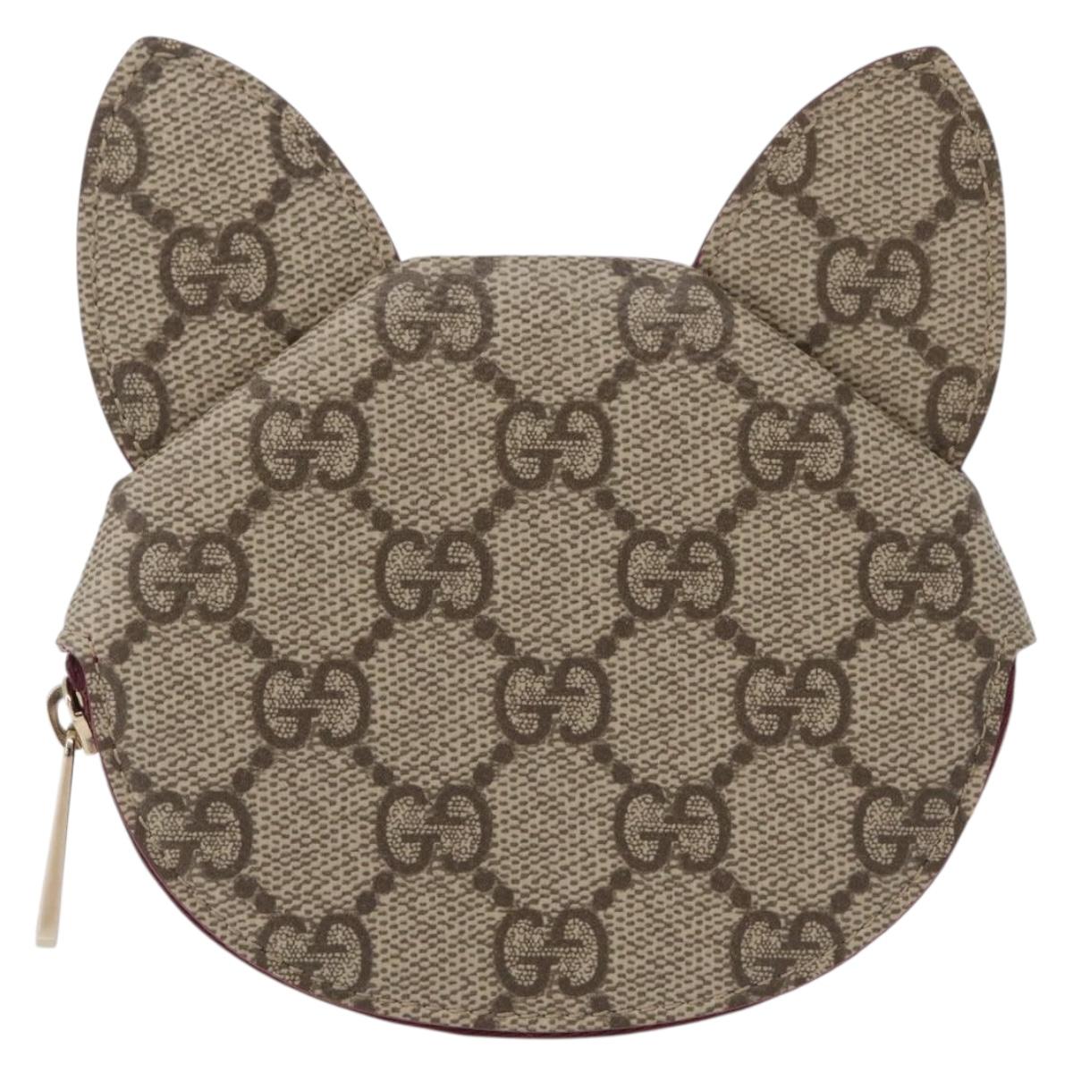 GUCCI GG Supreme Cat Coin Purse PVC Beige Bordeaux Auth SW2883M