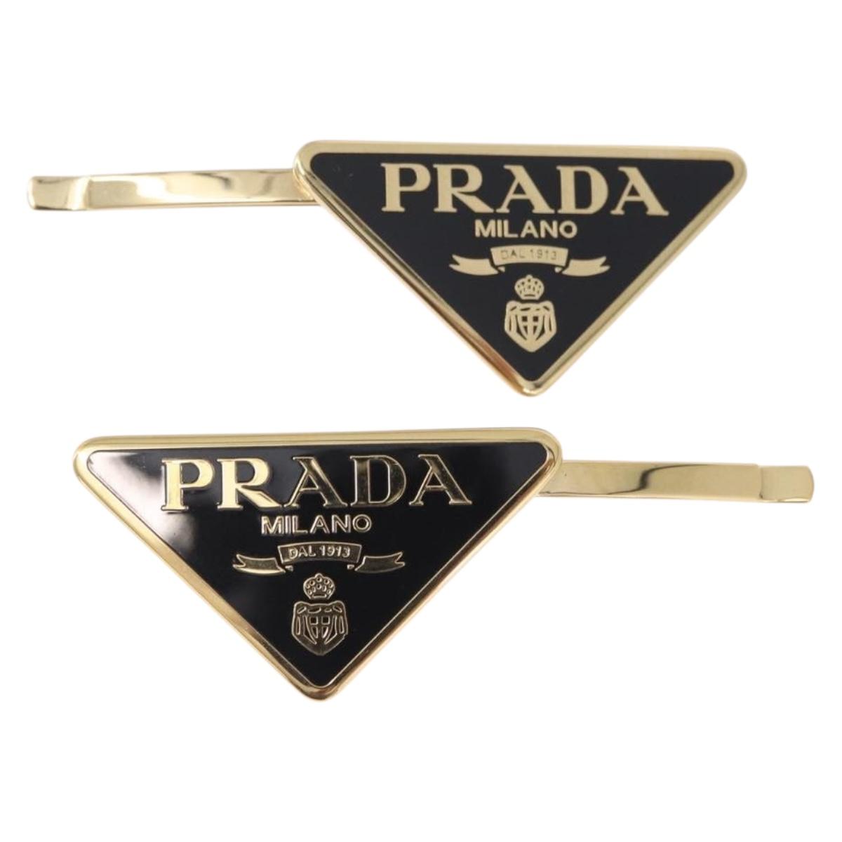 PRADA Barrette Hair Clip Metal Gold Tone Black 1IF051 Auth SW2899M
