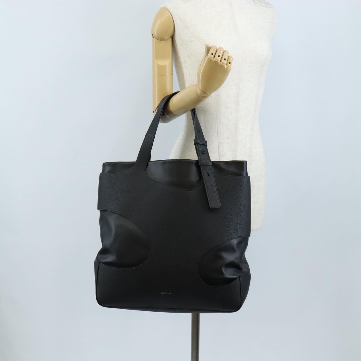 Salvatore Ferragamo Cut Out Tote Bag Leather Black Silver Auth SW2910M