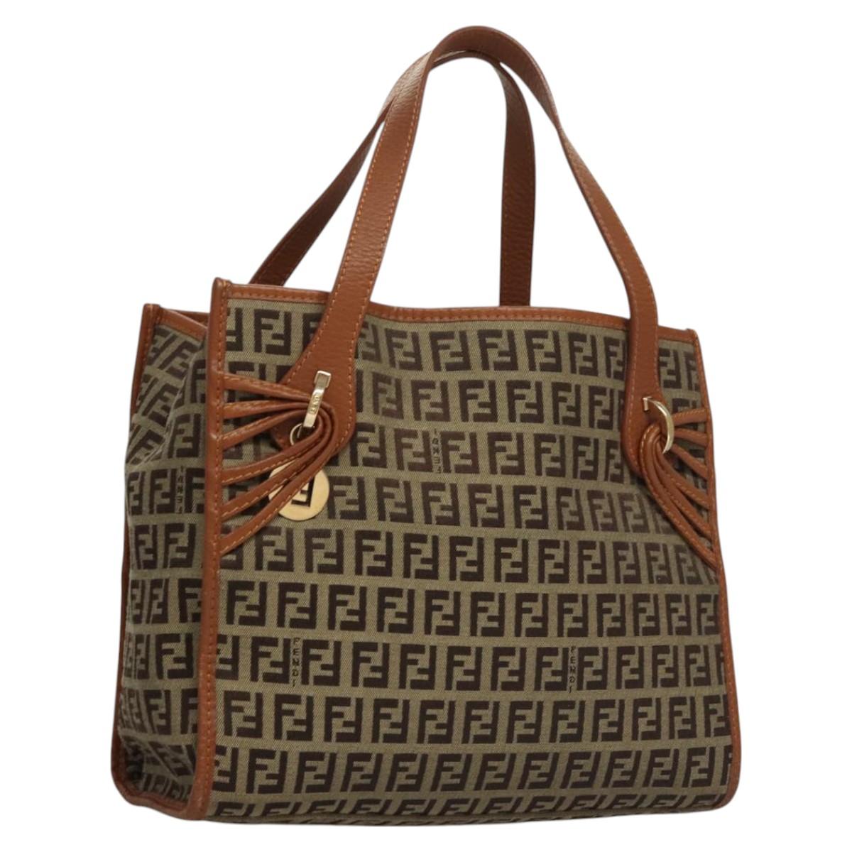 FENDI Zucchino Canvas Hand Bag Brown Gold Auth sw308