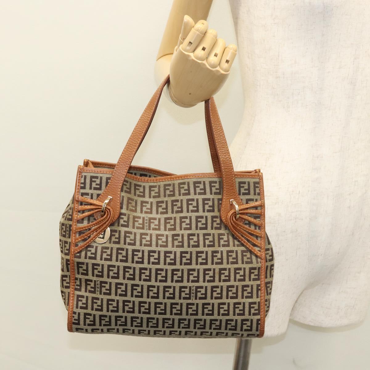 FENDI Zucchino Canvas Hand Bag Brown Gold Auth sw308