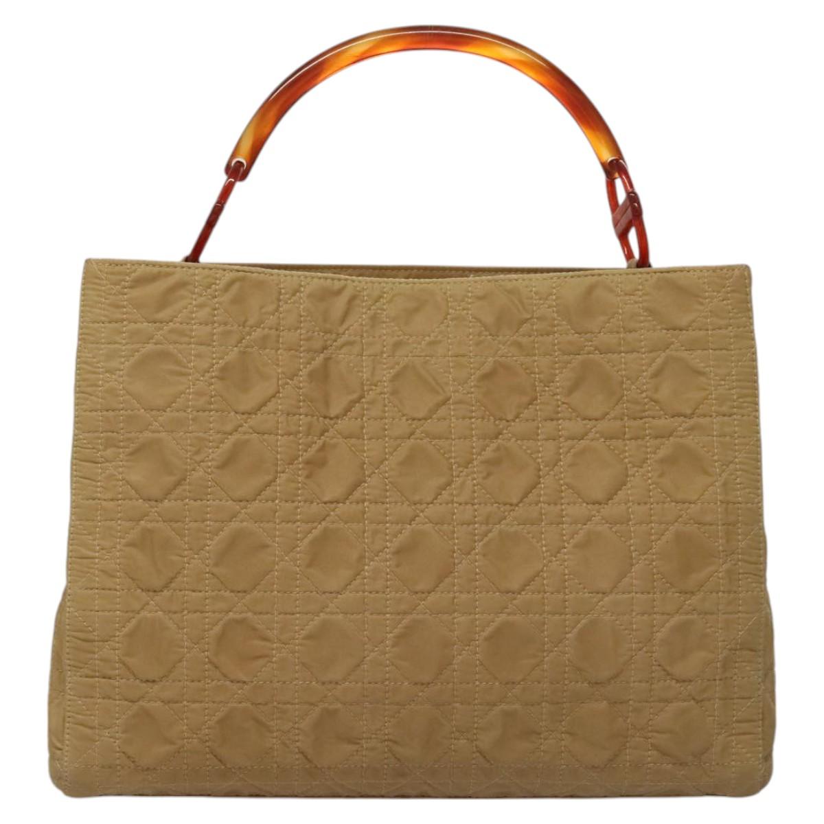 Christian Dior Lady Dior Hand Bag Nylon Plastic Beige Silver Auth sw312