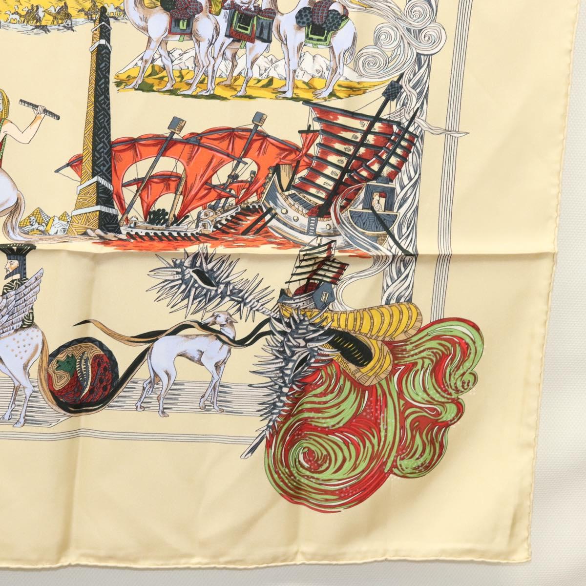 HERMES Carre 90 Scarf ""Au FIL de la SOIE"" Silk Beige Auth sw338