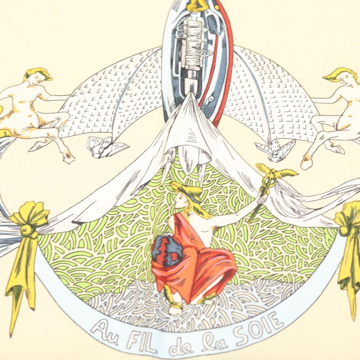 HERMES Carre 90 Scarf ""Au FIL de la SOIE"" Silk Beige Auth sw338