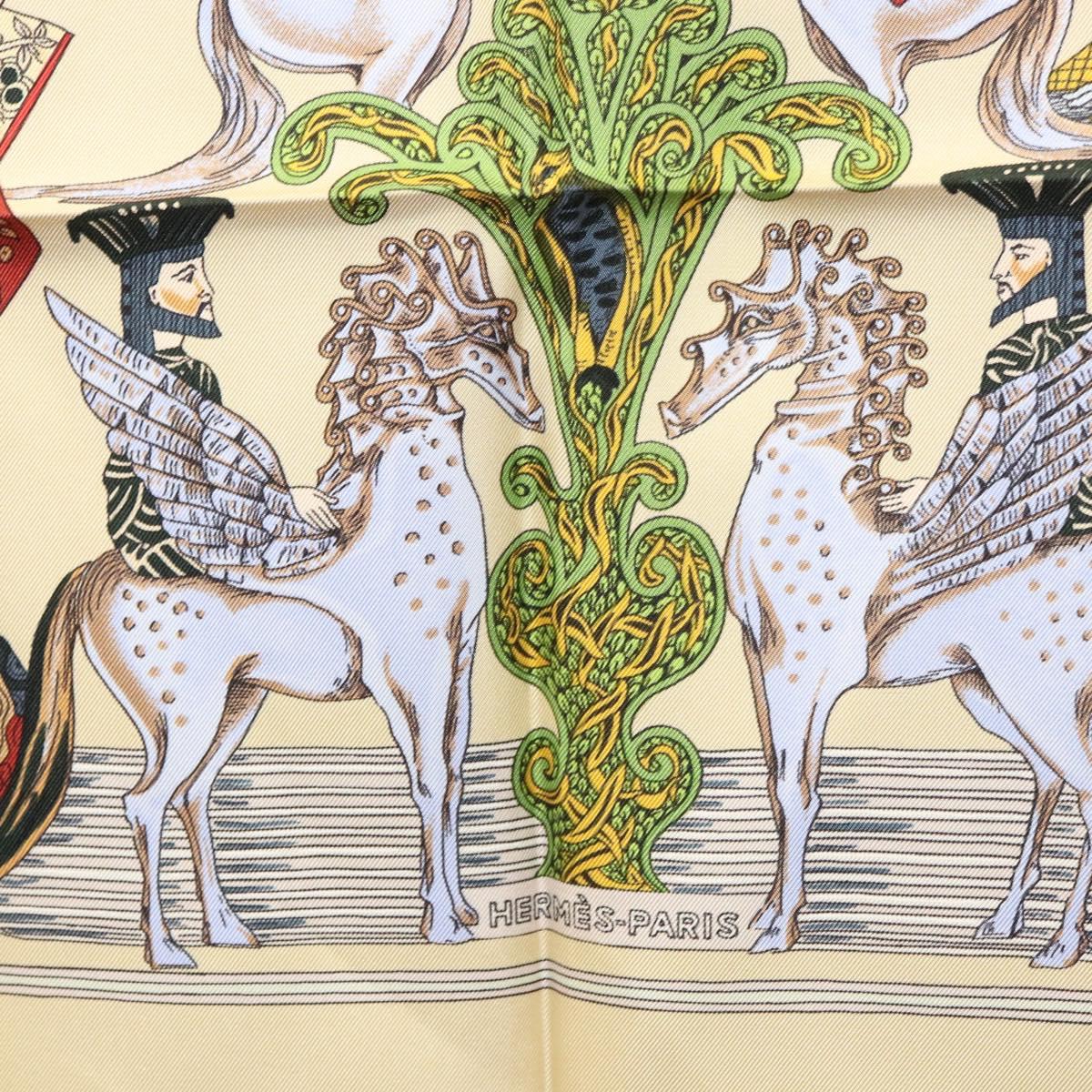 HERMES Carre 90 Scarf ""Au FIL de la SOIE"" Silk Beige Auth sw338