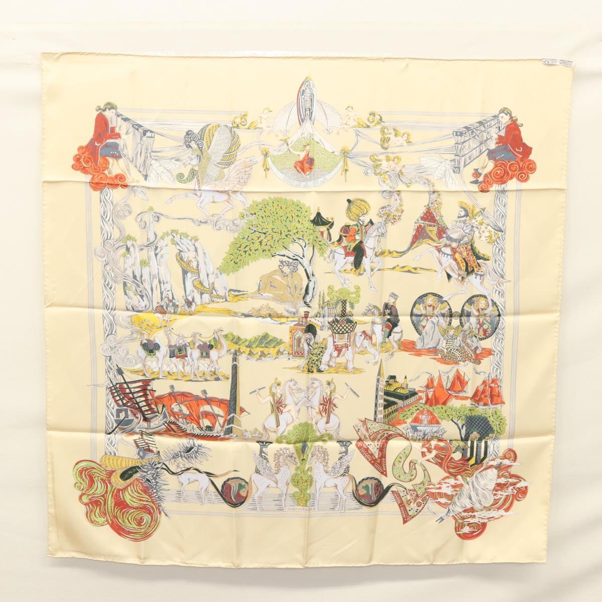 HERMES Carre 90 Scarf ""Au FIL de la SOIE"" Silk Beige Auth sw338