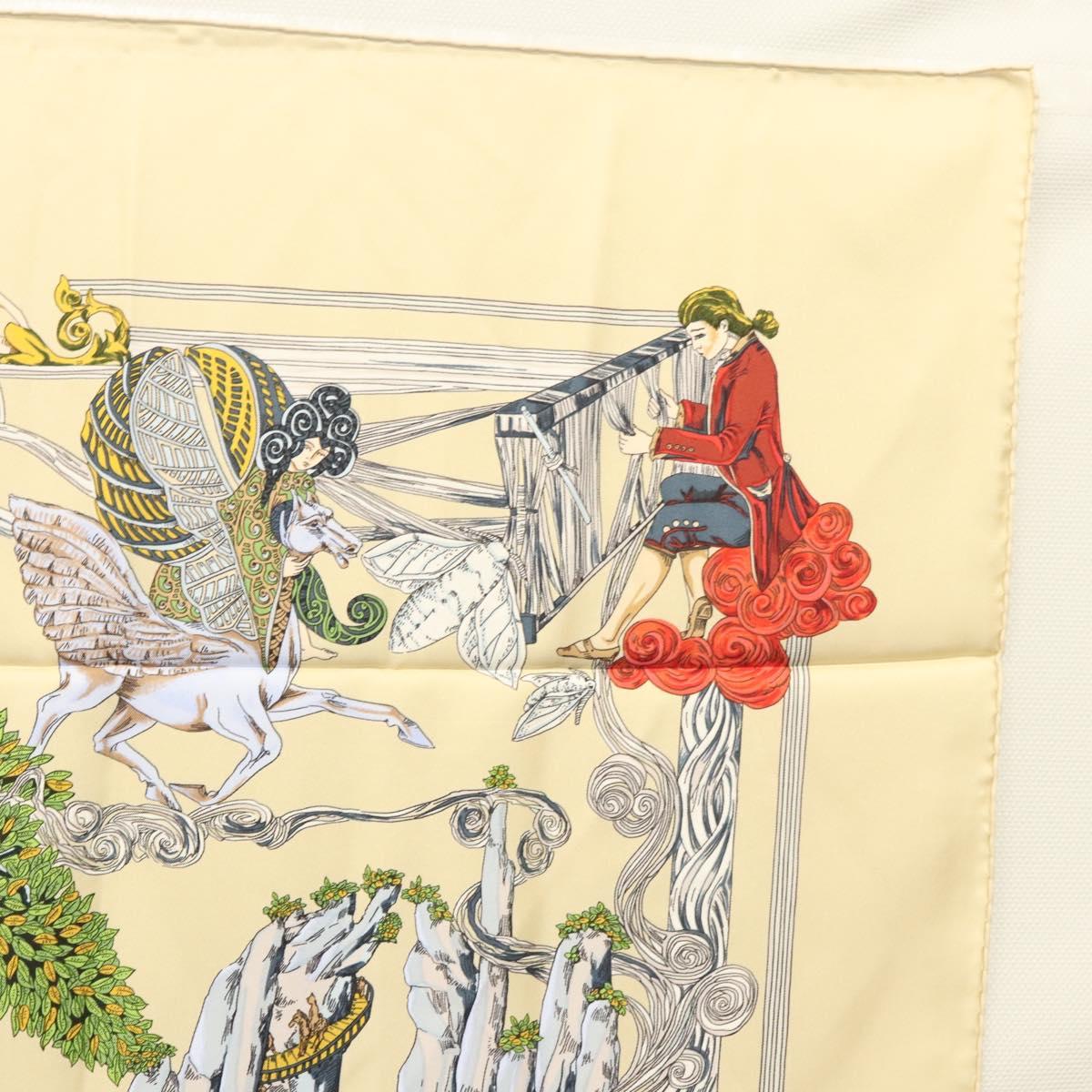 HERMES Carre 90 Scarf ""Au FIL de la SOIE"" Silk Beige Auth sw338