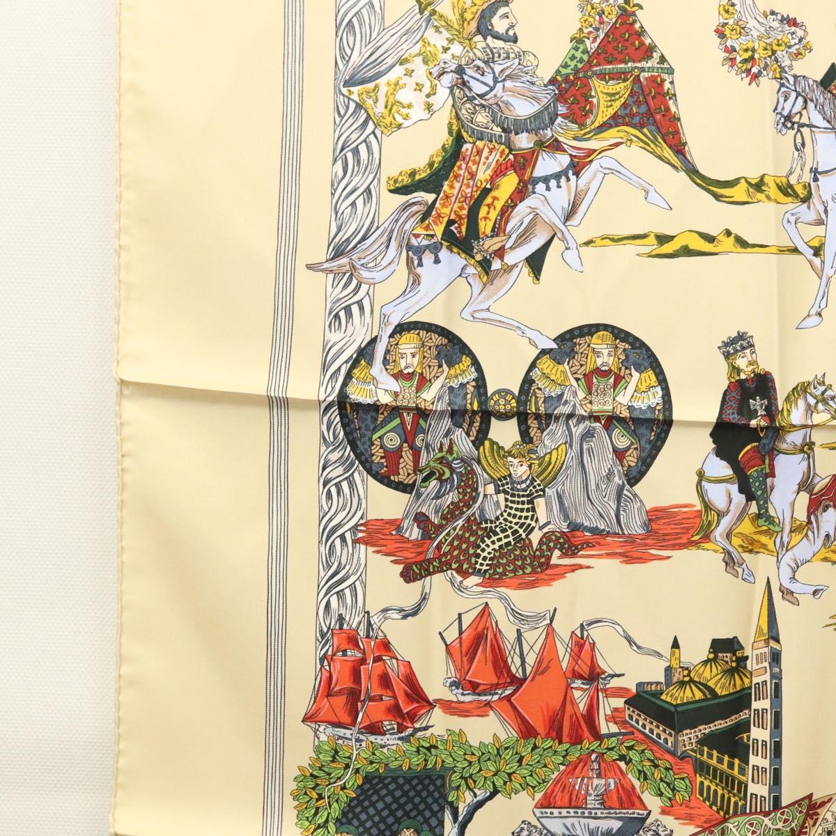 HERMES Carre 90 Scarf ""Au FIL de la SOIE"" Silk Beige Auth sw338