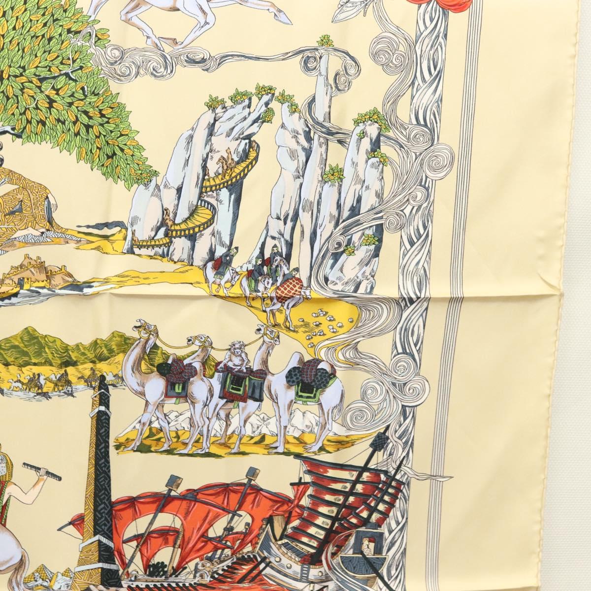 HERMES Carre 90 Scarf ""Au FIL de la SOIE"" Silk Beige Auth sw338