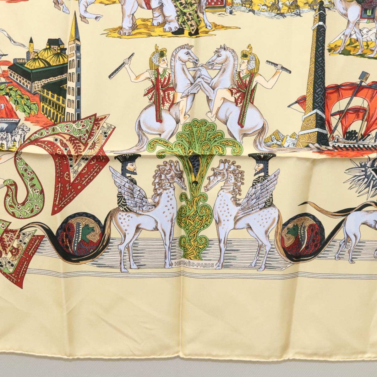 HERMES Carre 90 Scarf ""Au FIL de la SOIE"" Silk Beige Auth sw338