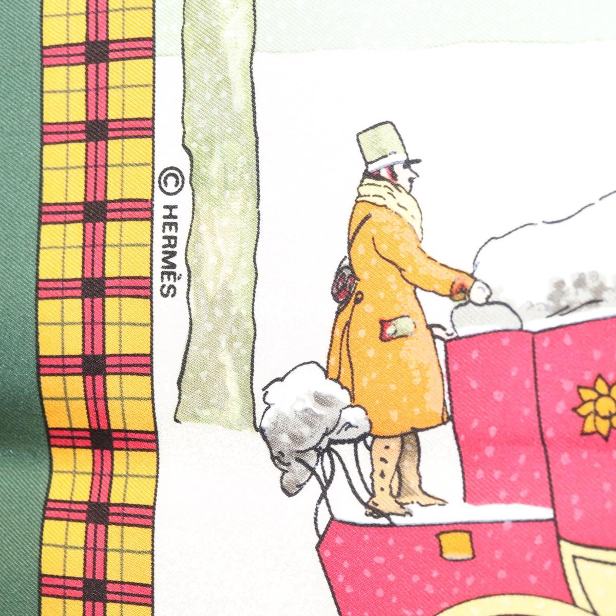 HERMES Carre 90 Scarf ""L’HIVER EN POSTE"" Silk Green Auth sw343