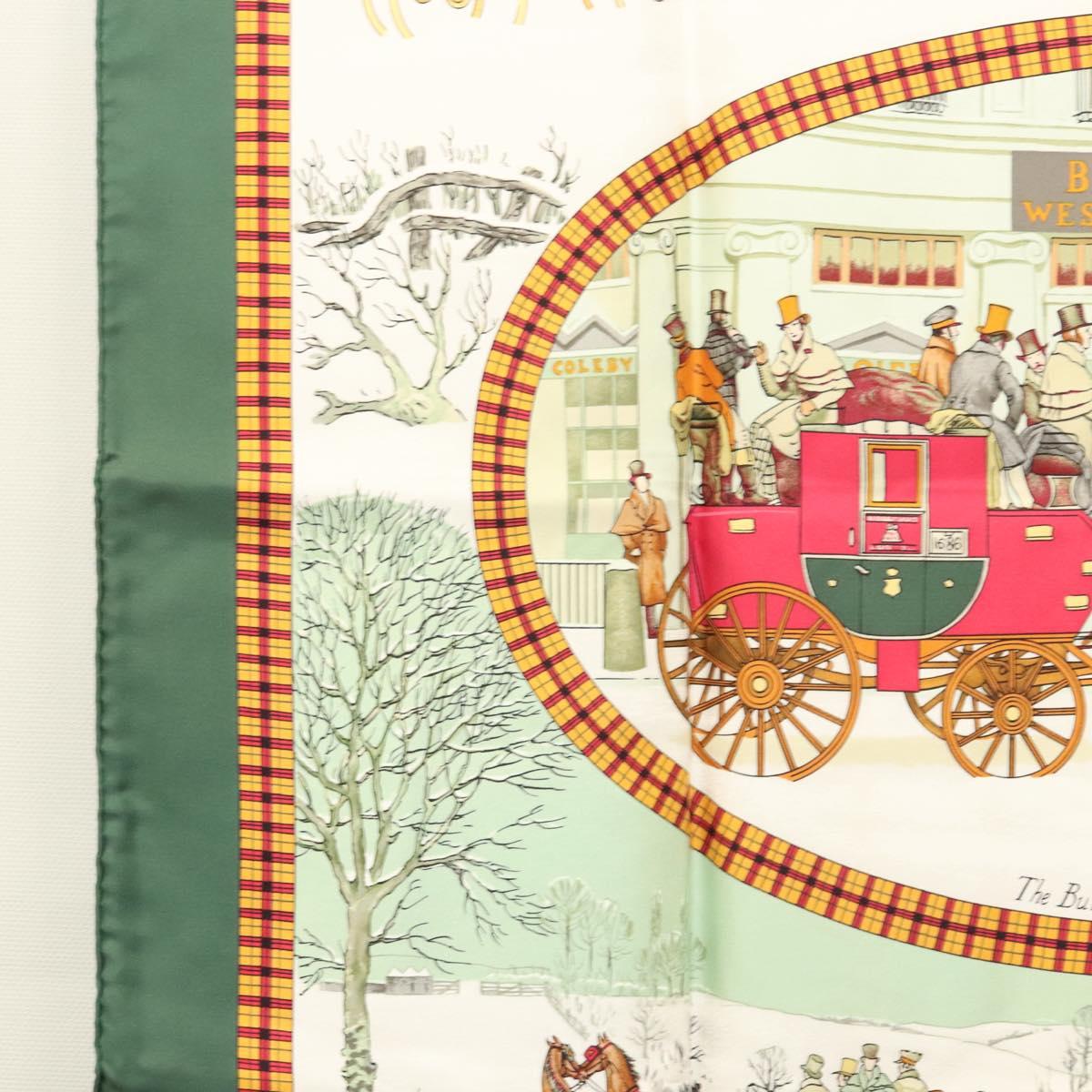 HERMES Carre 90 Scarf ""L’HIVER EN POSTE"" Silk Green Auth sw343