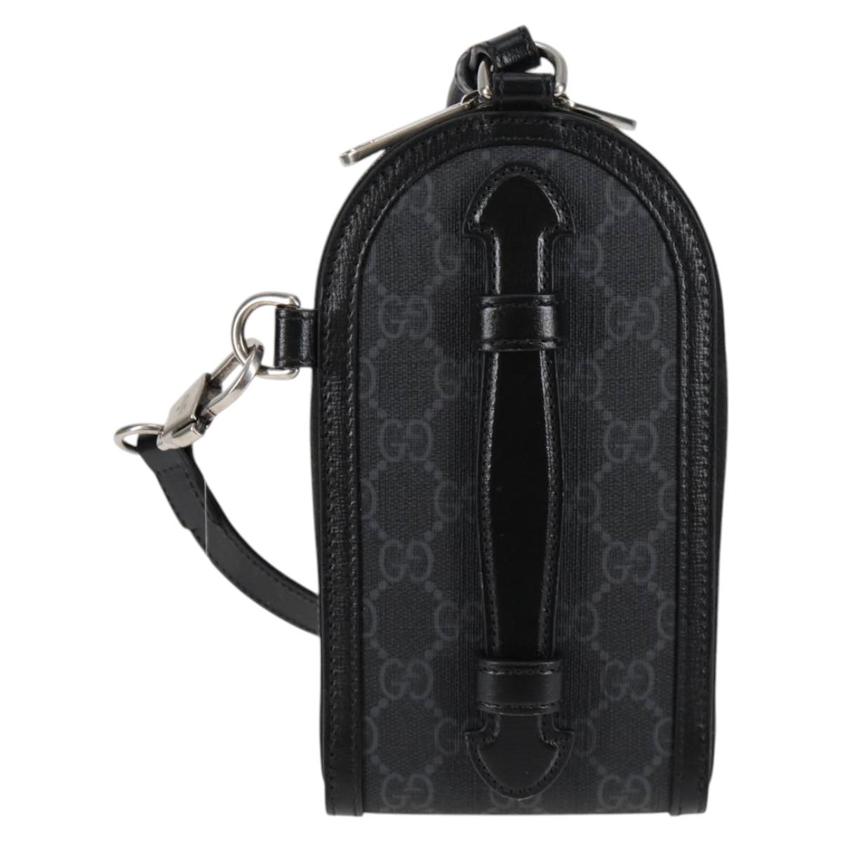 GUCCI GG Supreme Phone Holder Shoulder Bag PVC Black Silver 724357 Auth sw385M