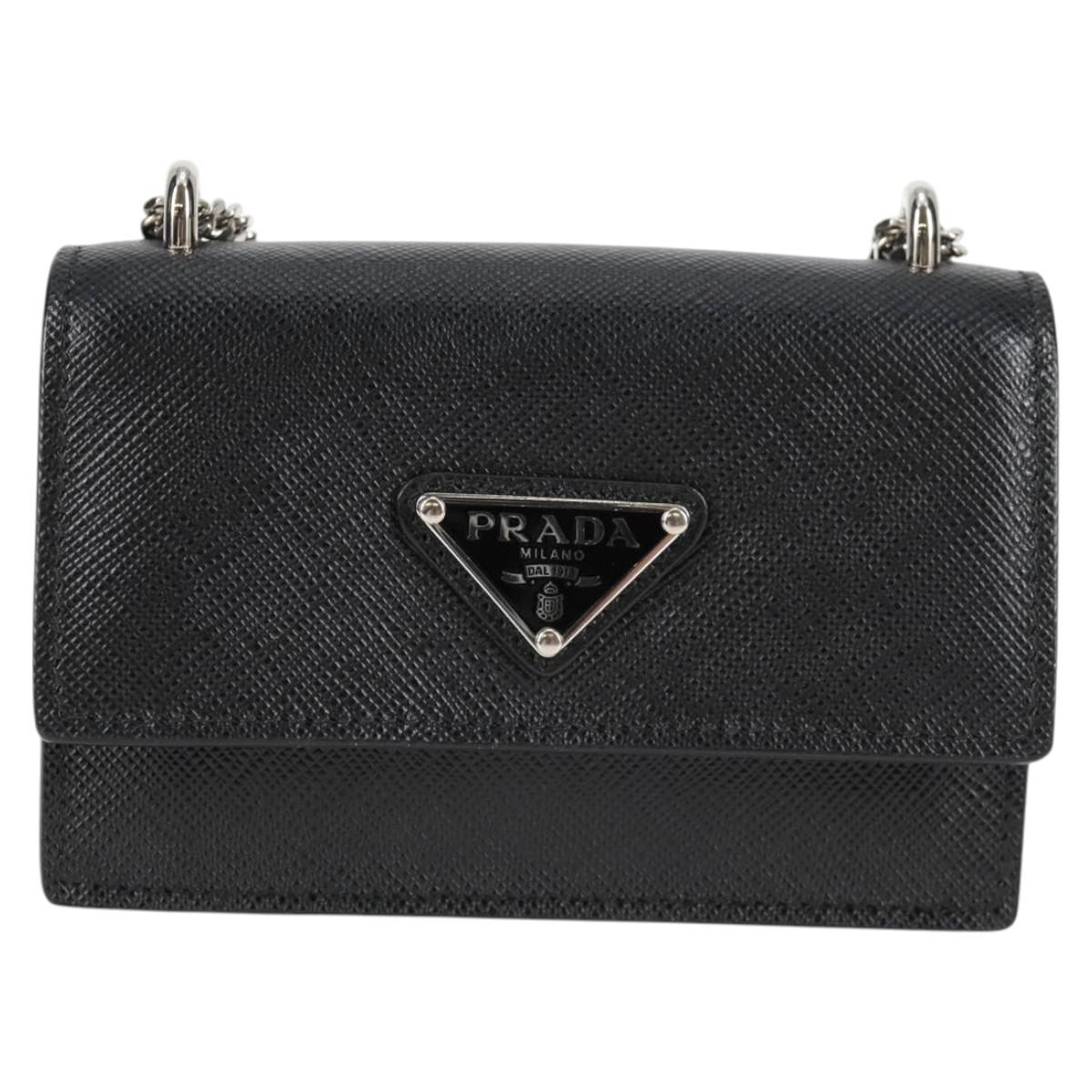 PRADA Chain Card Case Safiano leather Black Auth sw390AM