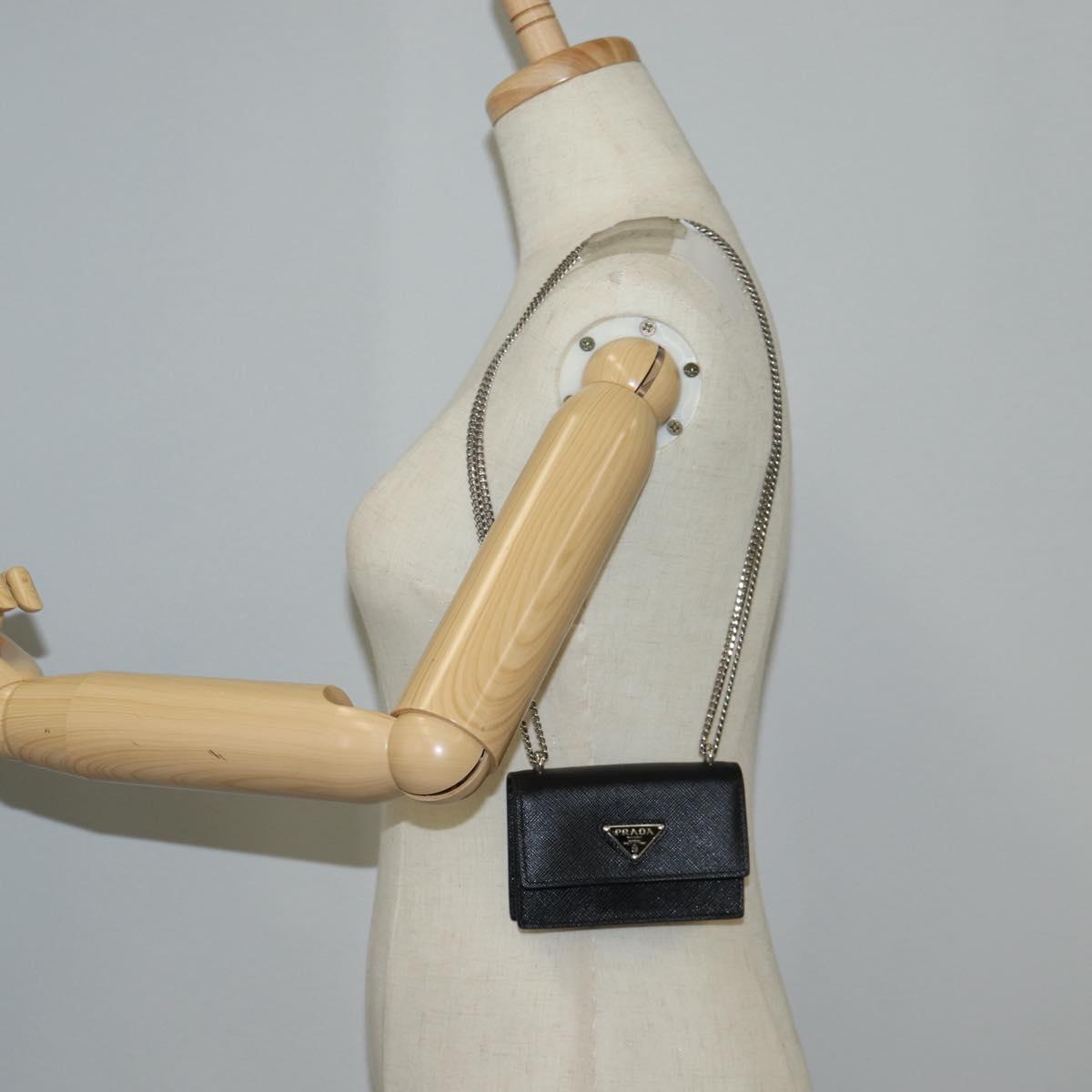 PRADA Chain Card Case Safiano leather Black Auth sw390AM