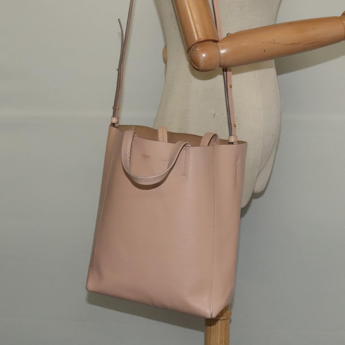 CELINE Vertical Cavas Hand Bag Leather 2way Pink Gold Auth sw418