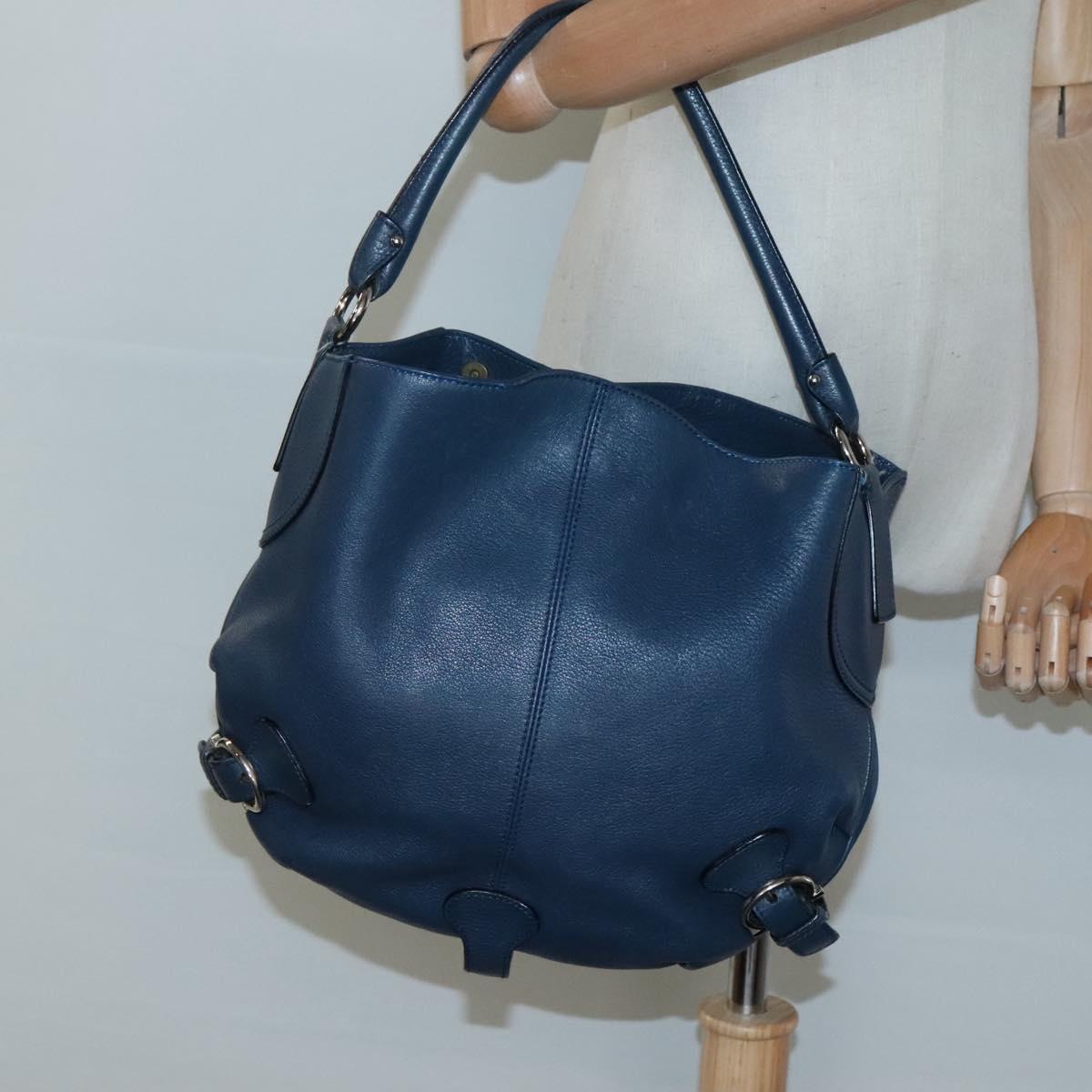 Salvatore Ferragamo Gancini Hand Bag Leather Blue Silver Auth sw420