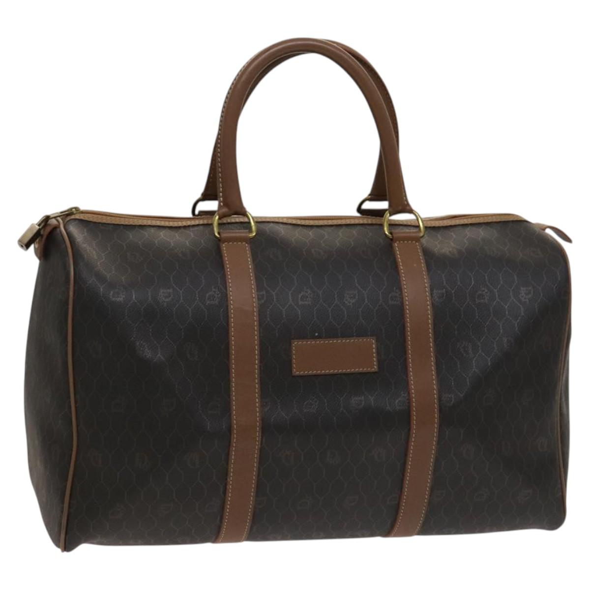 Christian Dior Honeycomb Canvas Boston Bag PVC Leather Black Auth sw438