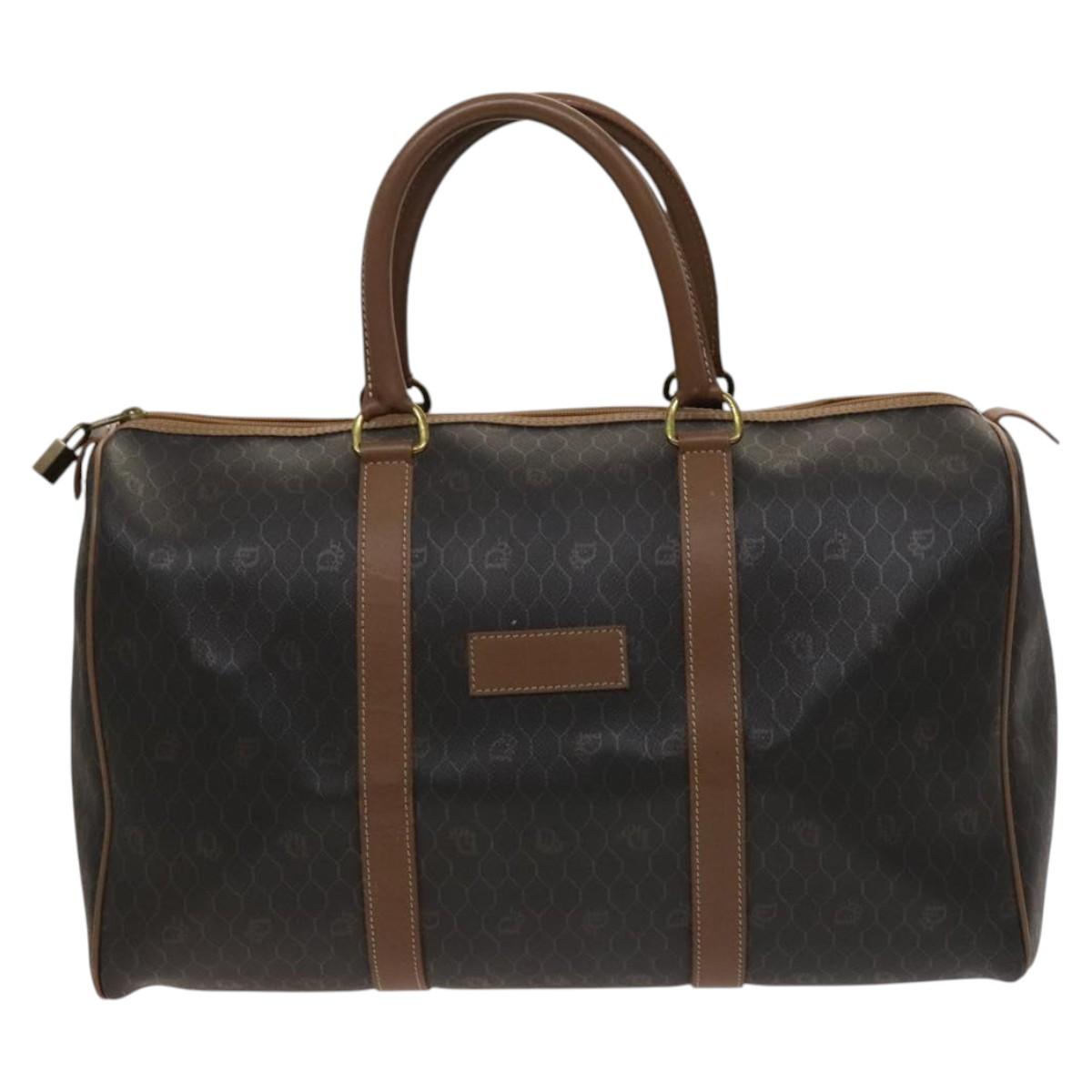 Christian Dior Honeycomb Canvas Boston Bag PVC Leather Black Auth sw438