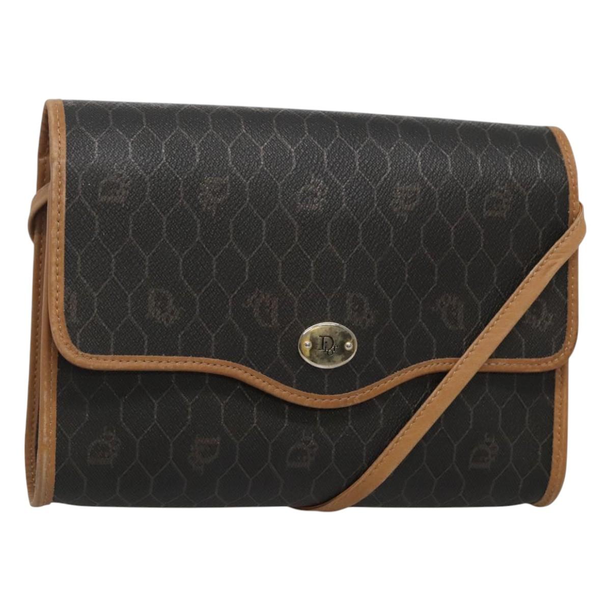 Christian Dior Honeycomb Canvas Shoulder Bag PVC Black Gold Auth sw452