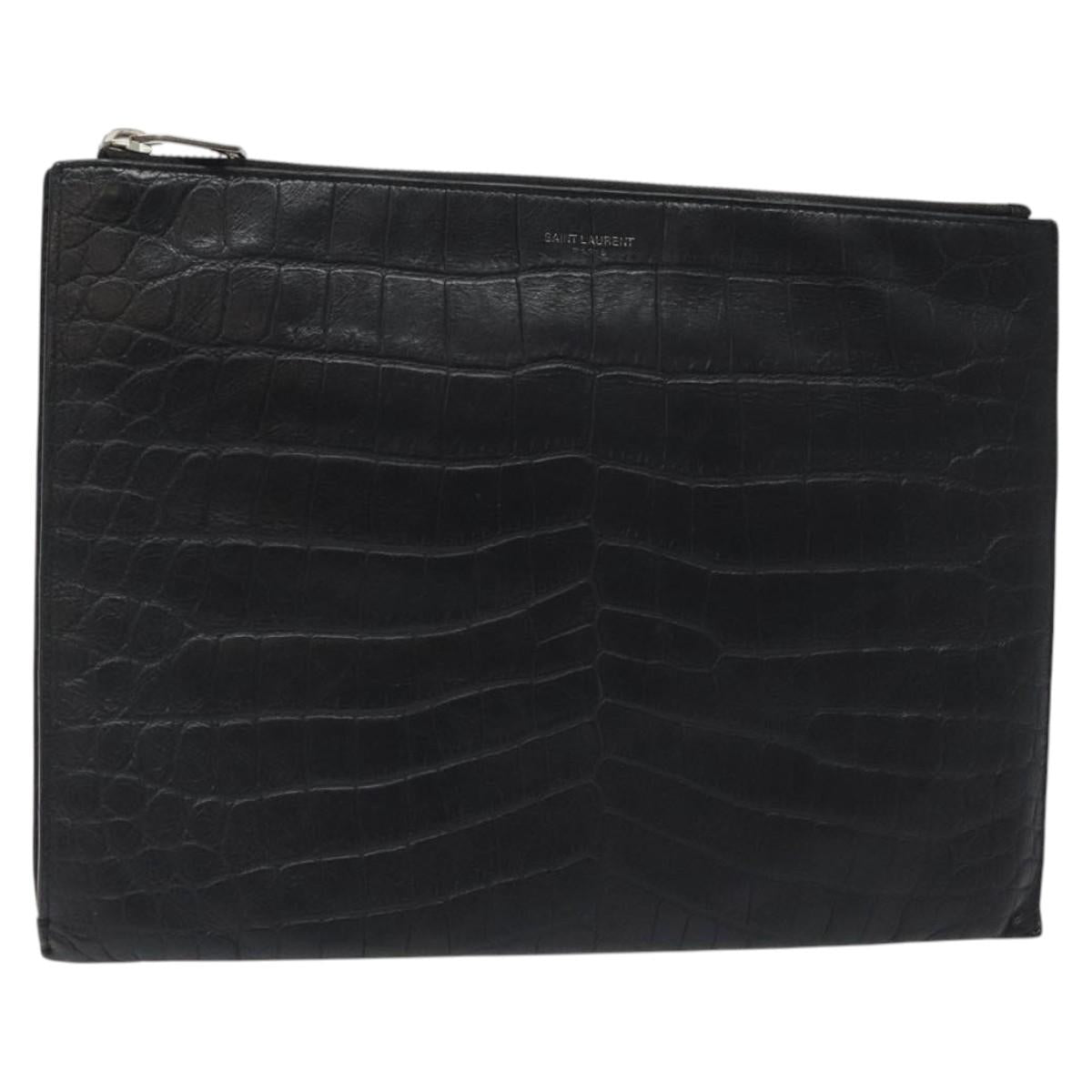 SAINT LAURENT Clutch Bag Leather Black Silver Auth sw455