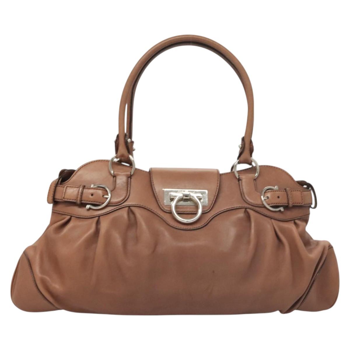 Salvatore Ferragamo Gancini Shoulder Bag Leather Beige Silver Auth sw460